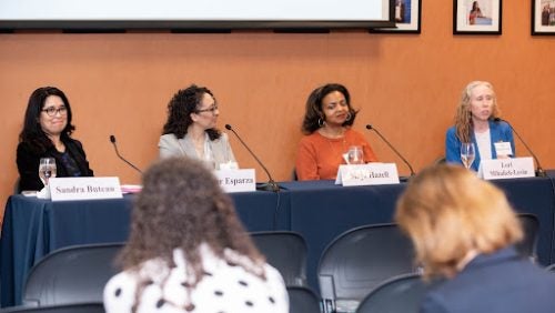 Jennifer Esparza, L’20, Maja Hazell, L’98, Lori Mihalich-Levin, L’05 discuss career transitions as a panel.