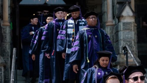 A line of students heading to the Georgetown Law commencement