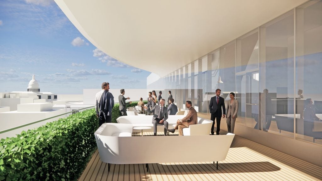 Architectural rendering of a terrace with an image of the U.S. Capitol building behind.