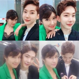 A collage of selfies of a woman in a green jacket and a man in a black jacket