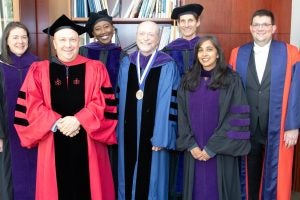 The honorees gathered with Dean William M. Treanor before the ceremony. L-R: Professors Erica Hashimoto, Adam Levitin and Michele Goodwin, Dean Treanor, Professors Gregory Shaffer, Anita Krishnakumar and Josh Chafetz