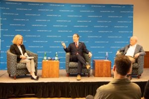 L-R: Prof. Mary McCord, Rep. Jamie Raskin and Prof. Cliff Sloan discuss Sloan's new book, "The Court at War"