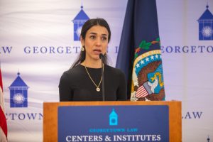 Nobel Peace Prize Laureate Nadia Murad presented keynote remarks at the Human Rights Institute's 2023 Dash Conference. "Society asks survivors to share our stories. Don’t let it be in vain,” she said. 