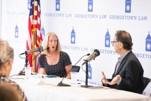 (L-R) Professor Mary McCord and co-host Andrew Weissman hosted a live taping of their podcast, "Prosecuting Donald Trump" at Georgetown Law