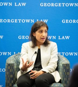 FTC Chair Lina Khan discusses antitrust law at the Bernard S. and Sarah M. Gewirz Student Center.