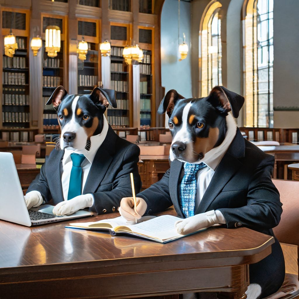 An AI-generated, surrealist image of two human-sized dogs wearing suits and ties and sitting in a law library