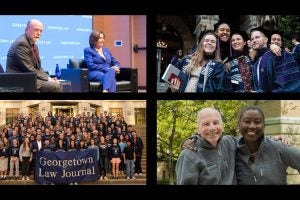 Clockwise from top left: Dean William M. Treanor and U.S. Representative Nancy Pelosi; class of 2023 graduates; Professors Lawrence Gostin and Michele Goodwin, co-faculty directors of the O'Neill Institute; the 2023-2024 staff of The Georgetown Law Journal.