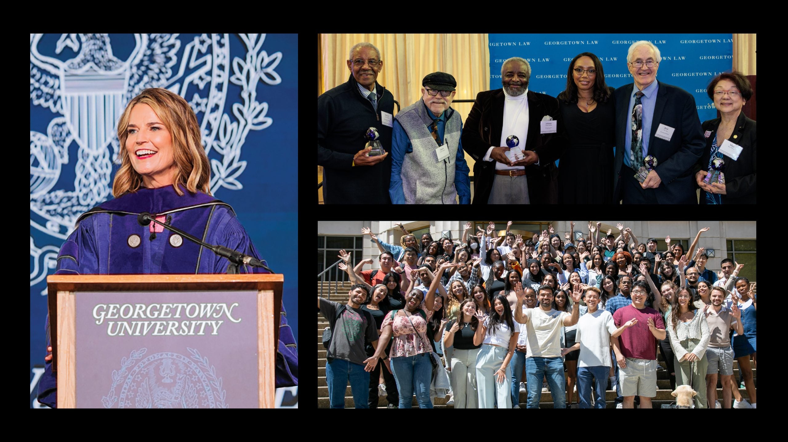 Clockwise from left: Commencement speaker Savannah Guthrie; founders and leaders of the Georgetown Street Law Program; students who attended a pre-orientation week organized by RISE.