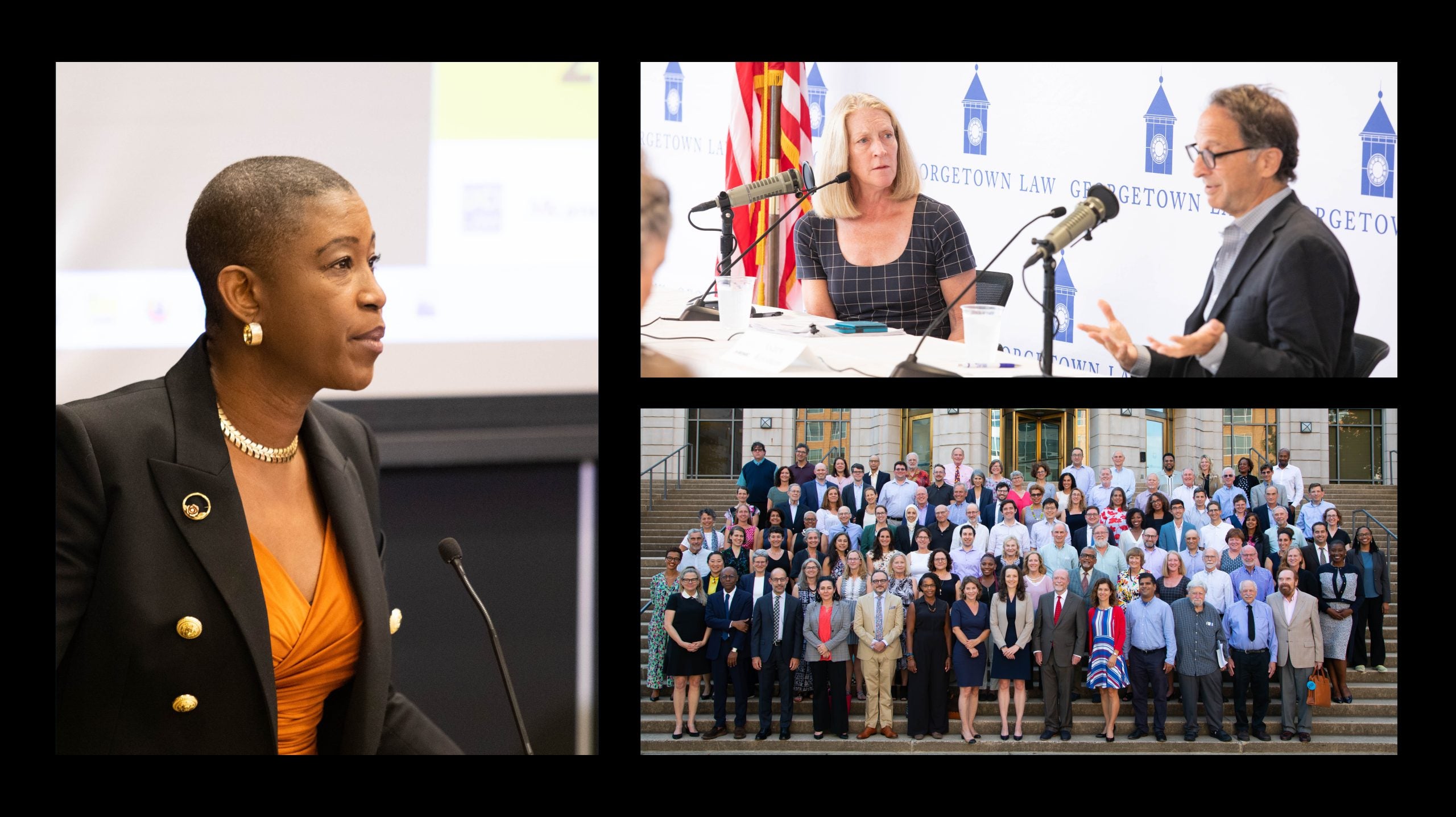 Clockwise from left: Professor Michele Goodwin; Professor Mary McCord and her podcast co-host Andrew Weissman; a group photo of the Georgetown Law faculty.