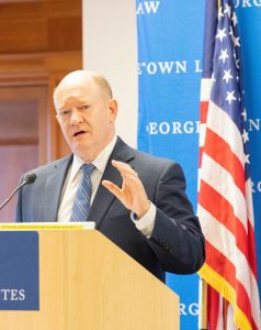 Senator Chris Coons delivers the keynote address at the Feb. 8 "Remaking Global Trade for a Sustainable Future" conference at Georgetown Law.