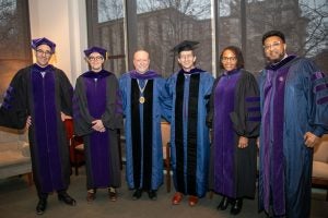 The honorees gathered with Dean William M. Treanor before the ceremony. L-R: Professors Itai Grinberg and Michael Pardo; Dean Treanor; Professors Brad Snyder, Alicia Plerhoples and Anthony Cook