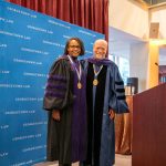 Prof. Alicia Plerhoples poses with Dean Treanor at a Feb. 28 ceremony honoring five new named professors. 