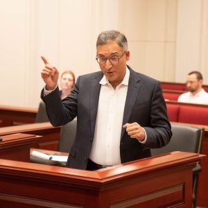 A man in a white shirt and dark jacket, standing at the podium in the Georgetown Law moot courtroom