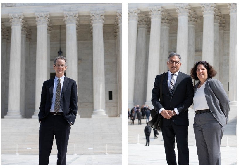 A composite photo of two images taken in front of the U.S. Supreme Court, on the left, a man in a dark suit and on the right, a man in a dark suit and a woman in a gray suit.