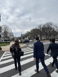 A group of students, shown from the back, walking toward the U.S. Capitol Building