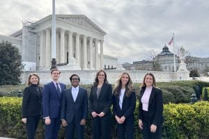 L-R: SCI Director Debbie Shrager with student research assistants Blake Phillips, L'24,  Hasala Ariyaratne, L’25, Jordan Dyer, L’25, Zenia Grzebin, L’25, and SCI Assistant Director Maddie Sloat, L’27 