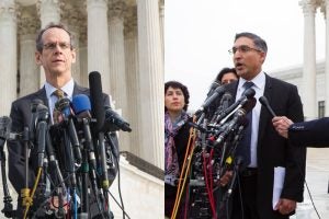 Professors Cole and Katyal are both veterans of Supreme Court oral arguments; this composite image is made of past photos of each answering media questions after leaving the Court. 