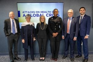 L-R: Prof. Lawrence Gostin, Sima Samar, Karen Joy Greenberg, Prof. Michele Goodwin, Saman Zia-Zarifi and Houssam al-Nahhas