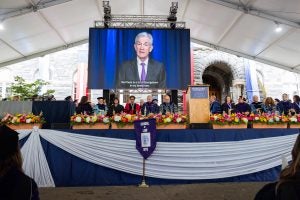Federal Reserve Chair Jerome Powell, L’79, H’24, addresses Georgetown Law’s class of 2024 via prerecorded video.