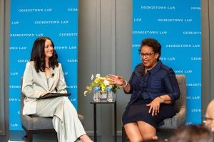 Outgoing Georgetown Law Journal Editor-in-Chief Alexis Marvel, L'24, and former U.S. Attorney General Loretta Lynch at the 2024 Georgetown Law Journal banquet.