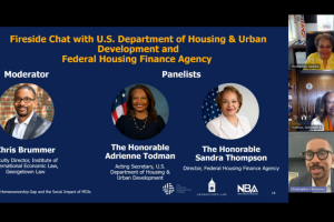 During the virtual event, Professor Chris Brummer moderated a fireside chat with Adrianne Todman, Acting Secretary of the U.S. Department of Housing and Urban Development and Sandra Thompson, Director of the Federal Housing Finance Agency