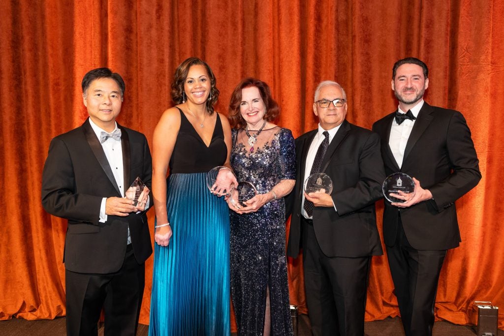 Winners of the Georgetown Law 2024 Alumni Awards: Rep. Ted W. Lieu, Lisa N. Collins, Celeste Pinto McLain, Louis T. Mazawey and Damien R. Zoubek.