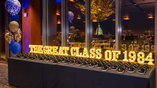 A display table featuring party favors at the Class of 1984 class party. 