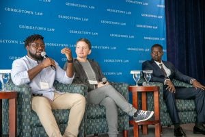 L-R: DAIR Research Fellow Adio Dinika, data worker and Turkopticon organizer Krista Pawloski and Techworker Community Africa Co-Founder Kings Korodi spoke on a panel about the challenges faced by data workers.