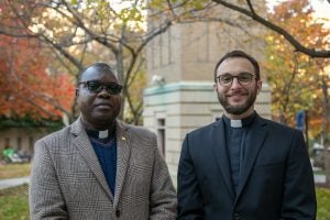 Rodrigue Ntungu, S.J., L’22, L’27 (left) and Mike Lamanna, S.J., L’25 (right) are Georgetown Law students and Jesuit priests.