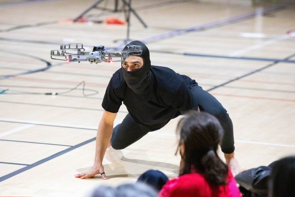Contemporary dancer Mher Kandoyan faces off with a drone during “We Shall Not Inherit the Earth.”