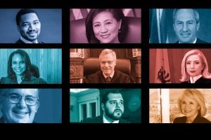 Georgetown Law alumni judges interviewed for this article include: (top row, L-R) The Hon. Jonathan J.C. Grey, L’07, The Hon. Nina F. Elgo, L’90, The Hon. Thomas M. Hardiman, L’90, (middle row, L-R) The Hon. Anita Josey-Herring, L’87, The Hon. Terrence G. Berg, F’81, L’86, The Hon. Holta Zaçaj, L’08, (bottom row, L-R) The Hon. Seth R. Aframe, L’99, The Hon. John P. Howard III, L’10, The Hon. Jennifer G. Zipps, L’90