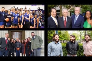 Clockwise from top left: Georgetown Law’s Hoya Lawyas team at the annual Home Court charity basketball game; L-R: Juvenile Justice Clinic Policy Director Eduardo Ferrer, B’02, L’05, Senior Counsel Wallace Mlyniec, L’70, Dean William M. Treanor and Director Kristin Henning, L’02 celebrate the clinic’s 50th anniversary; L-R: Identical triplets Benjamin, Nicholas and Zachary Osborne, G’20, L’24; Prof. Brian Wolfman (center) poses with members of the Appellate Immersion Clinic at the U.S. Supreme Court.