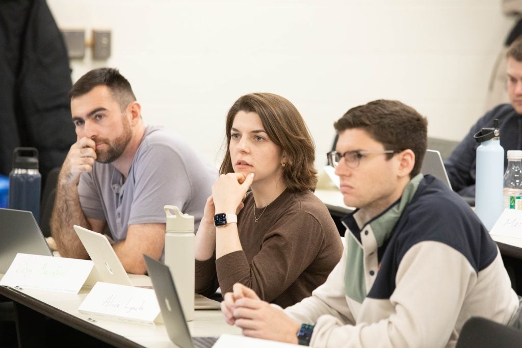Students in “Introduction to Sports Television” listen to a class lecture.