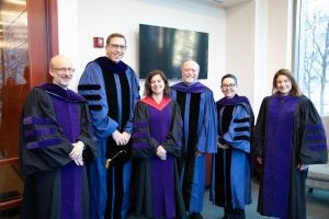 The honorees gathered with Dean William M. Treanor before the ceremony. L-R: Professors Brian Galle, Stephen I. Vladeck and Urska Velikonja; Dean William M. Treanor; Professors Kristelia García and Maria Glover.