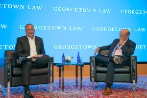Former Second Gentleman of the United States Doug Emhoff joined Dean Treanor for a fireside chat in the newly renovated Hart Auditorium.