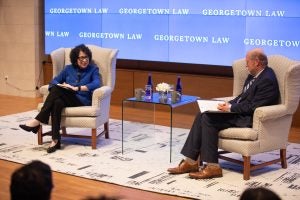 U.S. Supreme Court Justice Sonia Sotomayor, left, with Georgetown Law Dean William M. Treanor 