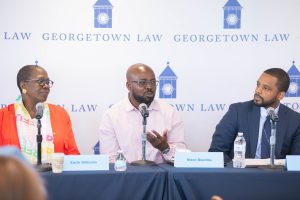 L-R: Reparations Finance Lab Founder and Executive Director Enith Williams; human rights activist Nixon Boumba, a member of the Kolektif Jistis Min nan Ayiti (Haiti Mining Justice Collective); and U.S. House of Representatives Legislative Director Ivan Noisette, L’18, were among the speakers on the panel “Answering Haiti’s Call to Action.”