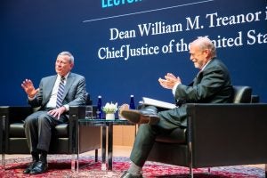 Chief Justice of the United States John G. Roberts, Jr., left, joined Dean William M. Treanor in the newly renovated Hart Auditorium.