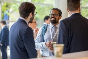 Georgetown Law students in conversation during a campus reception
