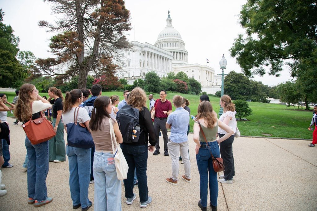 Students on a walking tour approaching the U.S. Capitol