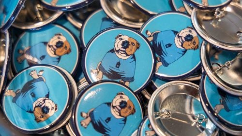 A closeup of a pile of decorative Jack the Bulldog buttons.