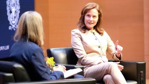 U.S. Supreme Court Justice Amy Coney Barrett speaking in Hart Auditorium
