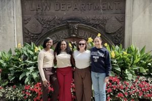 This year’s entering class includes four West Point women graduates. L-R: Belle Minter Noralez, L’28, Niara O’Connor, L’28, Grace Brooks, L’28, and Monica Burciaga, L’28.