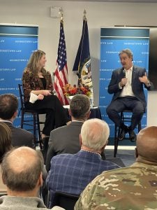 Former Navy General Counsel Sean Coffey addresses the audience at a Veterans Day reception.  