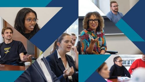 A collage with portraits of a professor and several of her students