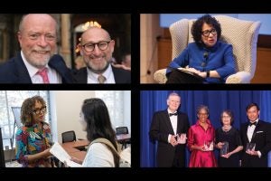 Clockwise from top left: Dean Emeritus William M. Treanor (left) and Interim Dean Joshua C. Teitelbaum (right); U.S. Supreme Court Justice Sonia Sotomayor; recipients of the Georgetown Law 2025 Alumni Awards; Professor Llezlie Green (left), director of the Civil Justice Clinic.