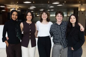 Five current Georgetown Law students, Susan Aboeid, L'27, Ashley Nies, L'27, Claire Ellis, L'27, Molly Izer, L'27, and Mikaylah Ladue, L'27, are the first to receive scholarships for the fund established by Amb. Alfred Moses, L'56, H'13, to support students and recent graduates pursuing careers in public interest law.