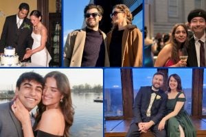 Clockwise from top left: Alexandra Barrage, L'00 and Rafic Barrage, L'00; Diego Añez, L'22 and Magdalena Maninat, L'22; Zeran Li, L'25 and Sworoopa Pandey, L'25; Briana Meginniss, L'16 and Keinan Meginniss, L'16; Maggie Zendehrouh, L'27 and Mihir Randive, L'27.