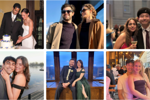 Clockwise from top left: Alexandra Barrage, L'00 and Rafic Barrage, L'00; Diego Añez, L'22 and Magdalena Maninat, L'22; Zeran Li, L'25 and Sworoopa Pandey, L'25; Sydney Hawk, L'27 and Frank Yang, L'27; Briana Meginniss, L'16 and Keinan Meginniss, L'16; Maggie Zendehrouh, L'27 and Mihir Randive, L'27.