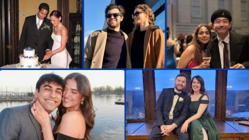 Photo collage featuring images of six couples who found love at Georgetown Law.